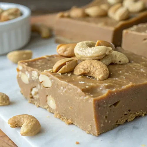 Creamy cashew peanut butter fudge squares topped with roasted cashews, served on a marble board with more cashews in the background.