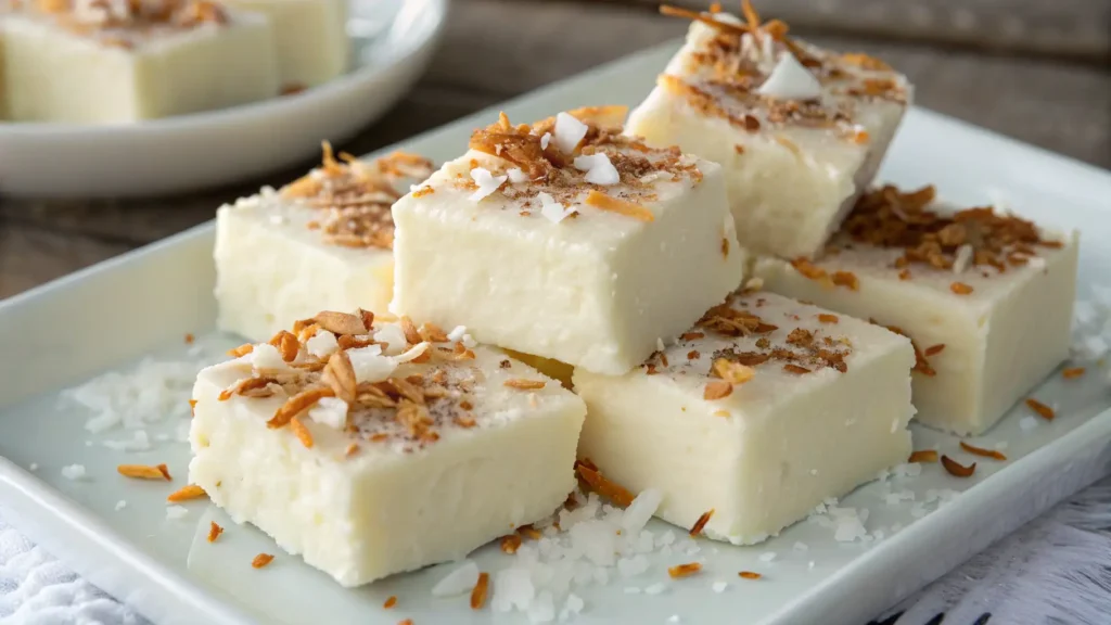 Creamy coconut fudge squares topped with toasted shredded coconut, served on a white plate with extra coconut flakes scattered around.