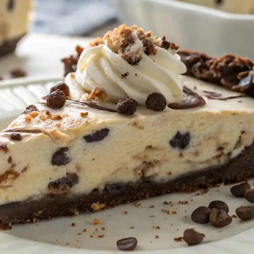 Slice of frozen cookie dough ice cream pie with chocolate cookie crust, vanilla ice cream filling, chocolate chips, whipped cream, and chocolate drizzle on a white plate.