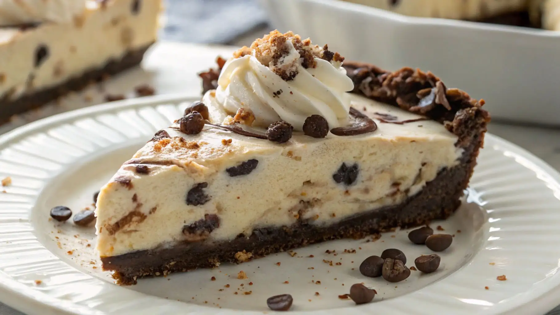 Slice of frozen cookie dough ice cream pie with chocolate cookie crust, vanilla ice cream filling, chocolate chips, whipped cream, and chocolate drizzle on a white plate.