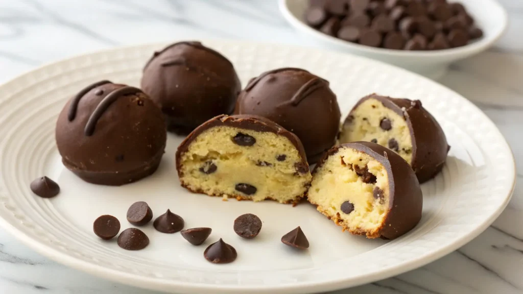 Chocolate-covered cookie dough truffles on a white plate, with several truffles cut open to reveal a soft cookie dough center filled with chocolate chips.