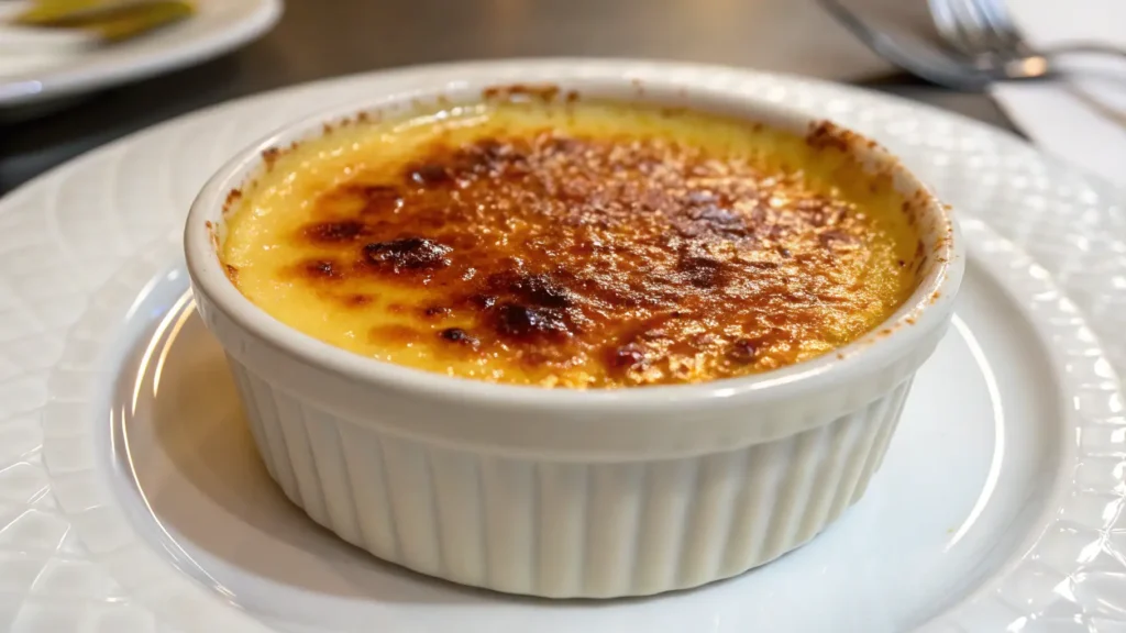 Classic crème brûlée in a white ramekin with a golden caramelized sugar crust, served on a white plate.