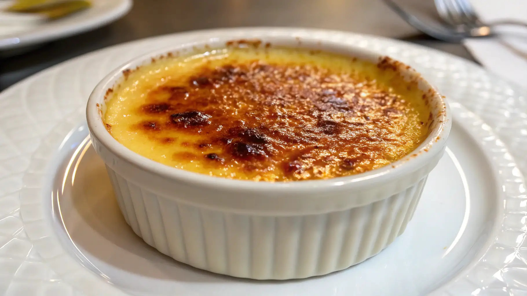 Crème Brûlée Recipe with a Perfect Caramelized Sugar Top – Simple, Silky, and Classic 1 Classic crème brûlée in a white ramekin with a golden caramelized sugar crust, served on a white plate.