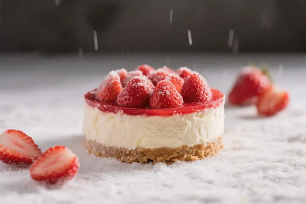 Frozen strawberry cheesecake topped with fresh strawberries and glossy strawberry sauce on a graham cracker crust, surrounded by powdered sugar.
