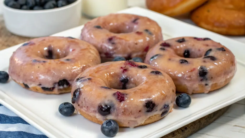 Glazed blueberry donuts on a white plate with fresh blueberries, featuring a shiny pink blueberry glaze and golden baked edges.