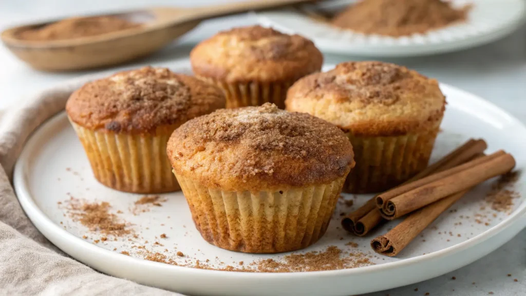 Keto cinnamon apple muffins on a white plate with cinnamon sticks and warm spice sprinkled on top.