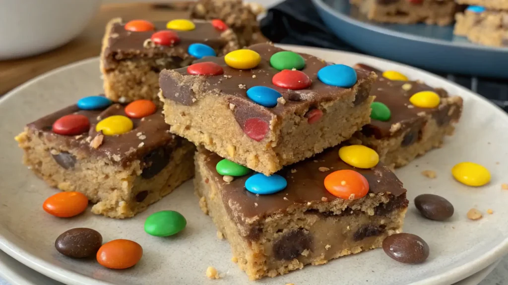 No Bake M&M Cookie Dough Bars topped with chocolate and colorful M&M candies, stacked on a plate with extra candies scattered around.