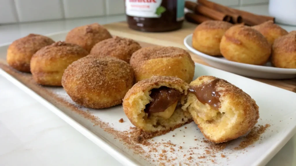 Nutella stuffed churro donut poppers coated in cinnamon sugar, served on a white plate with one popper cut open to show the creamy chocolate filling.