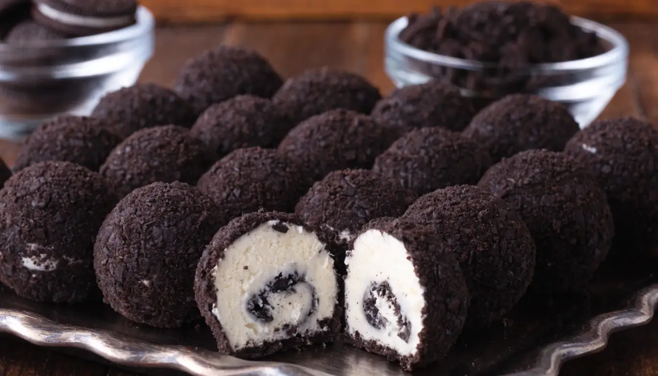 Oreo cheesecake truffles coated in crushed chocolate cookie crumbs, with one truffle cut open to show a creamy cookies-and-cream center.