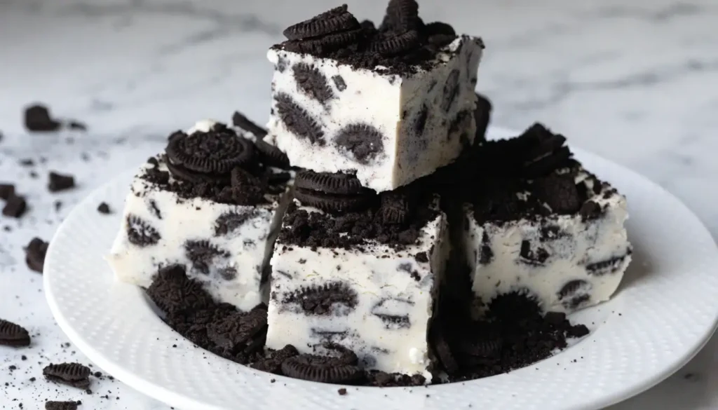 Oreo fudge squares with a creamy white base and crushed chocolate sandwich cookies, stacked on a white plate with cookie crumbs scattered around.
