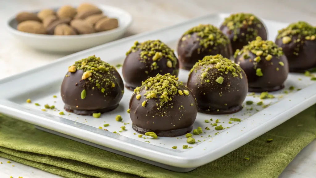 Pistachio chocolate truffles arranged on a white rectangular platter, coated in smooth dark chocolate and topped with finely chopped green pistachios, with whole pistachios in a blurred bowl in the background.