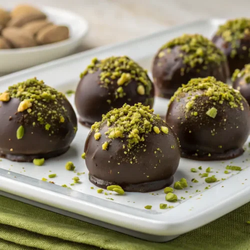 Pistachio chocolate truffles arranged on a white rectangular platter, coated in smooth dark chocolate and topped with finely chopped green pistachios, with whole pistachios in a blurred bowl in the background.