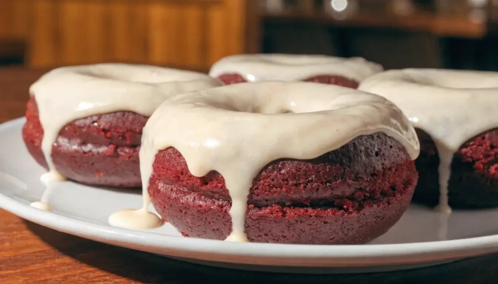 Red velvet cake donuts topped with thick cream cheese glaze, served on a white plate with glossy icing dripping down the sides.