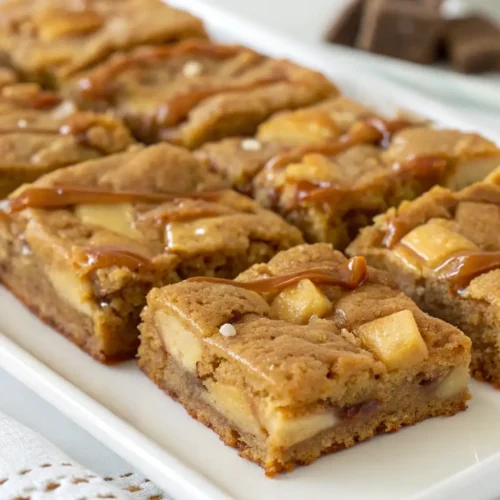 Salted caramel apple blondies cut into squares on a white platter, topped with apple chunks and caramel drizzle.