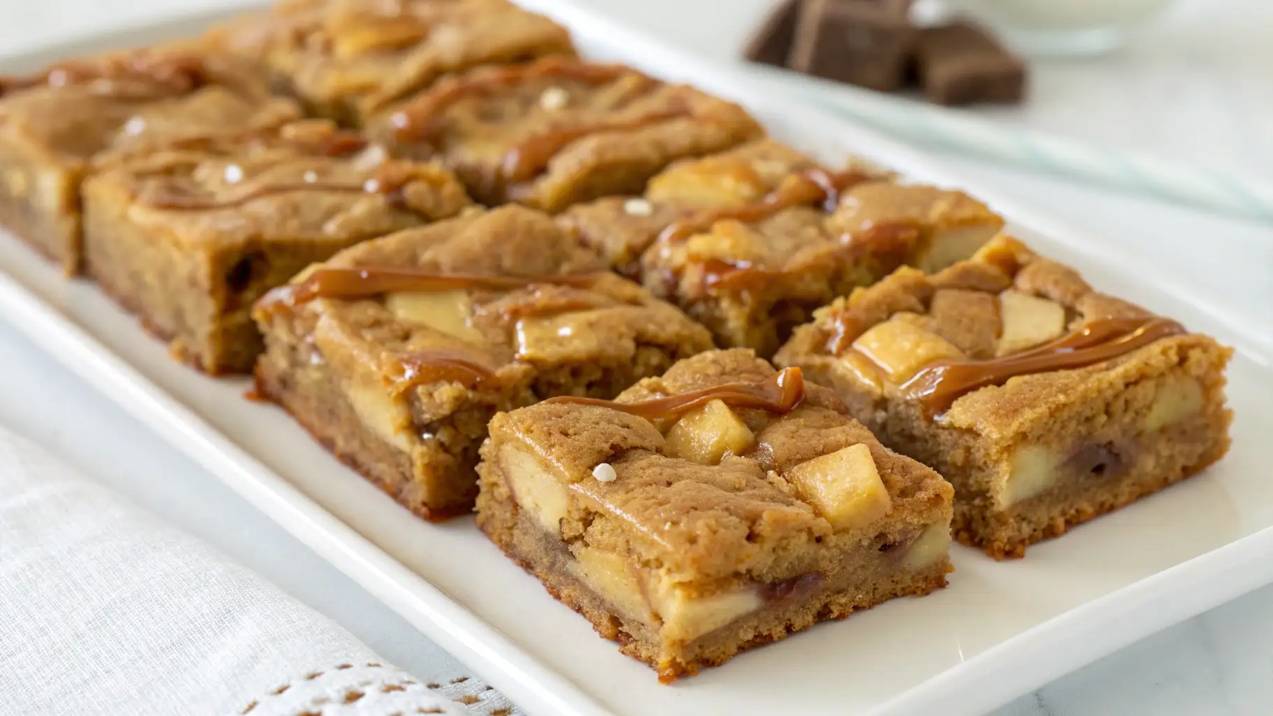 Salted caramel apple blondies cut into squares on a white platter, topped with apple chunks and caramel drizzle.