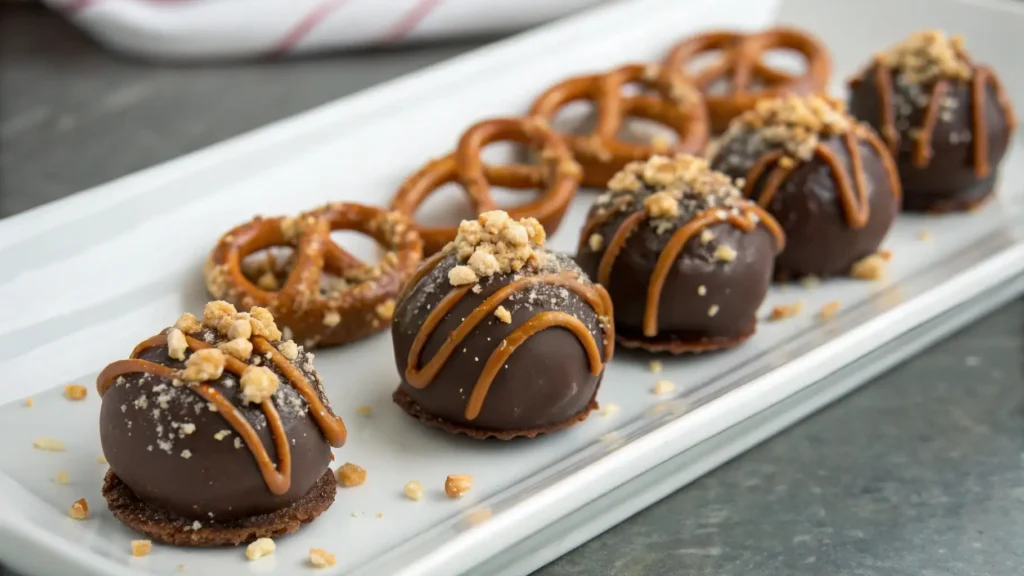 Salted caramel pretzel truffles coated in dark chocolate and drizzled with caramel, topped with crunchy pretzel crumbs on a white serving platter.