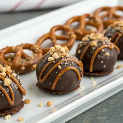 Salted Caramel Pretzel Truffles Recipe for Sweet & Salty Bites 2 Salted caramel pretzel truffles coated in dark chocolate and drizzled with caramel, topped with crunchy pretzel crumbs on a white serving platter.