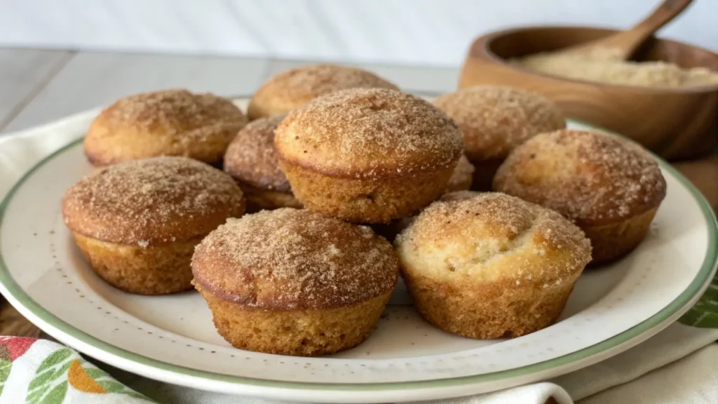 Snickerdoodle mini donut muffins coated in cinnamon sugar, served on a white plate with a wooden bowl of sugar in the background.