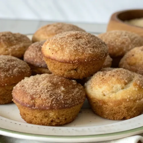 Snickerdoodle mini donut muffins coated in cinnamon sugar, served on a white plate with a wooden bowl of sugar in the background.