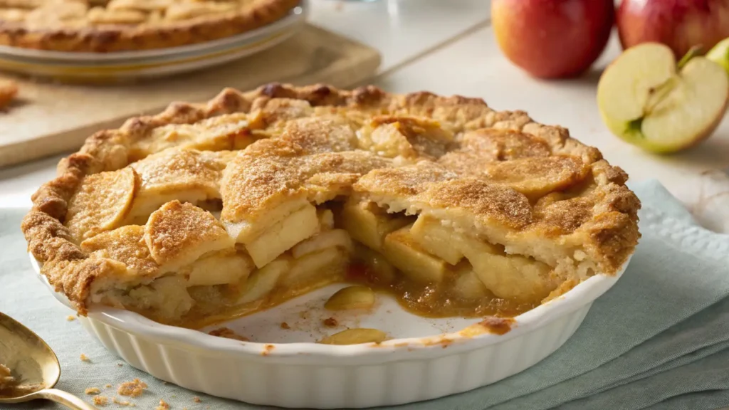 Homemade Swedish apple pie in a white pie dish with a golden crust, sliced apples, and warm apple filling visible from a cut section.