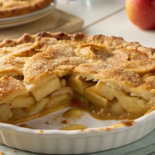 Homemade Swedish apple pie in a white pie dish with a golden crust, sliced apples, and warm apple filling visible from a cut section.