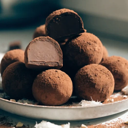 Vegan Dark Chocolate Truffles: Easy Dairy-Free Dessert Treats 2 Vegan dark chocolate truffles coated in cocoa powder on a ceramic plate, with one truffle cut open to show a smooth chocolate center.