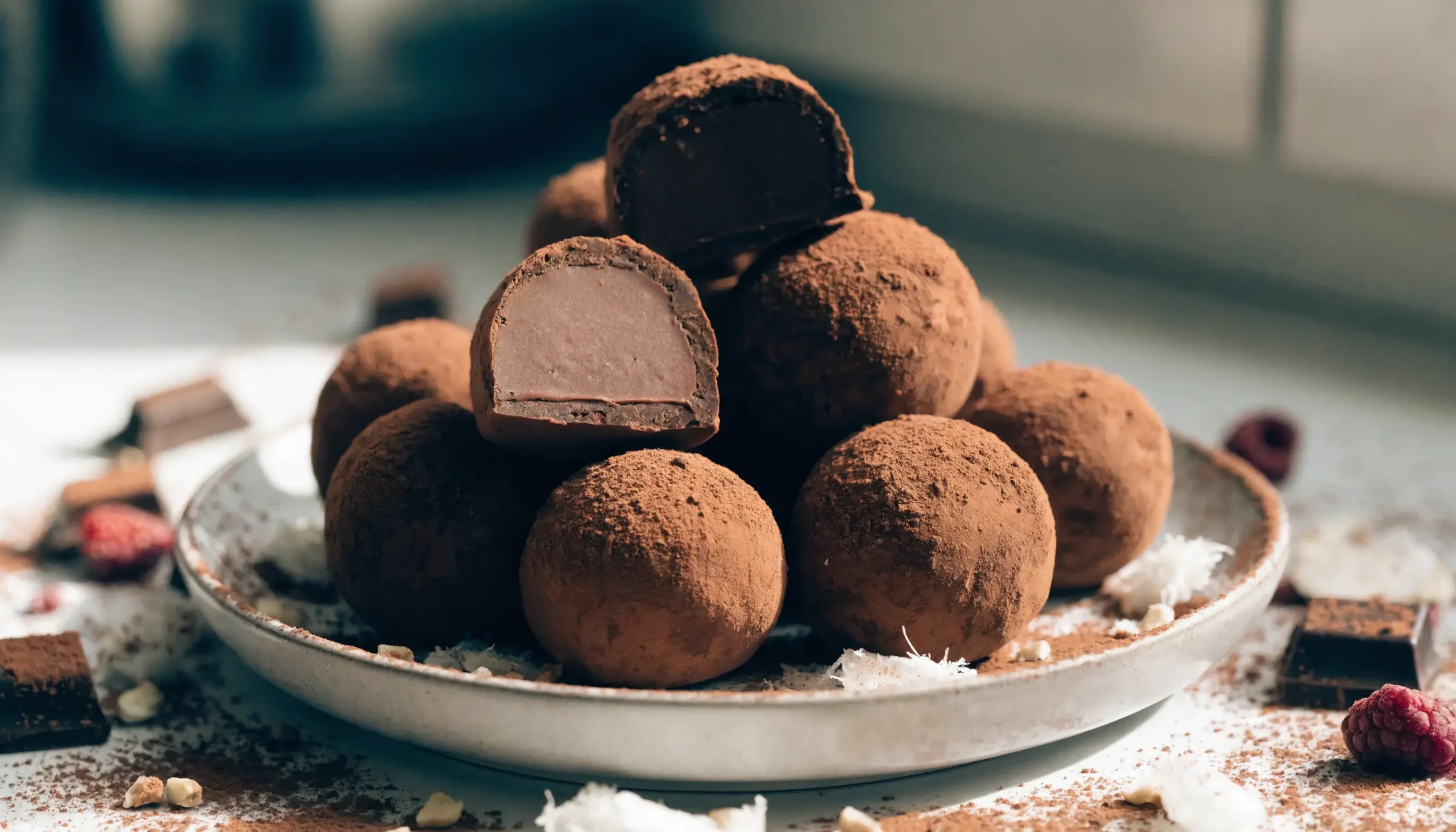 Vegan Dark Chocolate Truffles: Easy Dairy-Free Dessert Treats 1 Vegan dark chocolate truffles coated in cocoa powder on a ceramic plate, with one truffle cut open to show a smooth chocolate center.